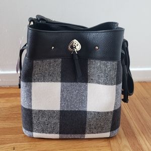 Kate Spade Marti Festive Check Large Bucket Bag Wool Blend Pebbled Leather Black